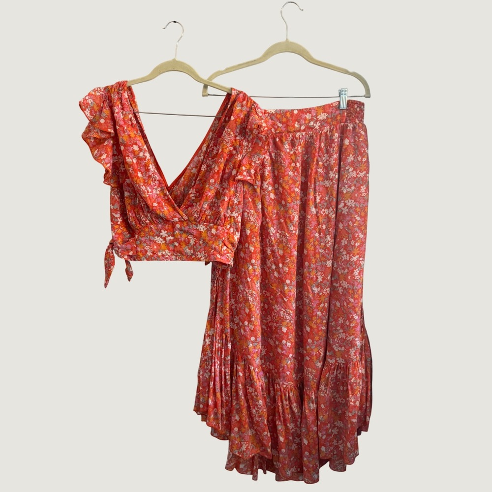 Free People Orange Floral 2 Piece Set Ruffle Crop Top & Tiered Maxi Skirt Large
